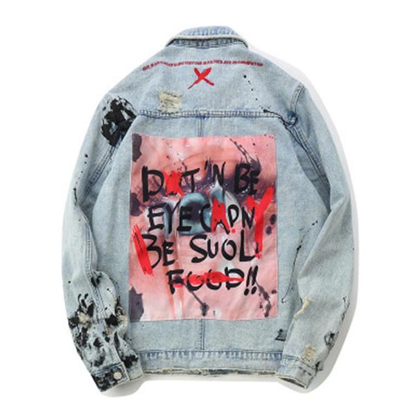 

mens denim jackets letter embroidery splashed broken jean jacket fashion light blue street style outfits male coat elegant size m-2xl, Black;brown