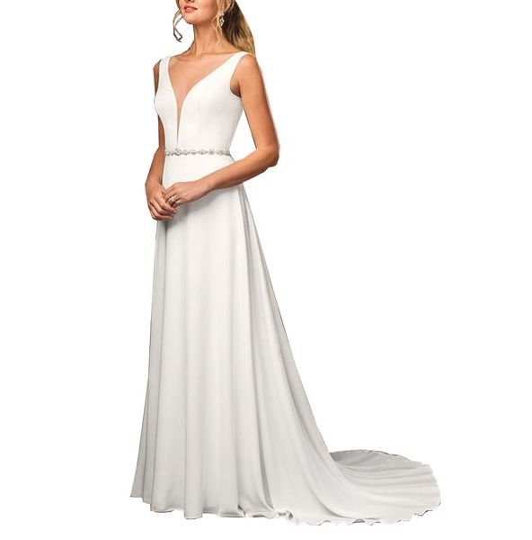 

setwell deep v-neck a-line wedding dress sleeveless v-back waist beaded floor length short train bridal gown, White