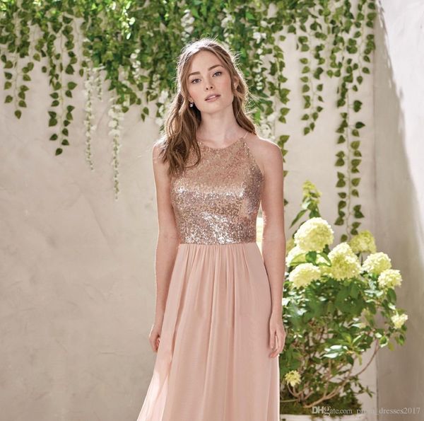 

a line rose gold sequins long chiffon beach bridesmaid dresses halter backless ruffles blush pink maid of honor gowns dh5005, White;pink