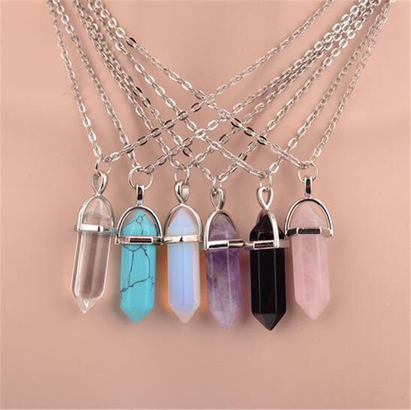 

2016 hexagonal column necklace natural crystal turquoise agate amethyst stone pendant chains necklace for women fine jewelry, Silver
