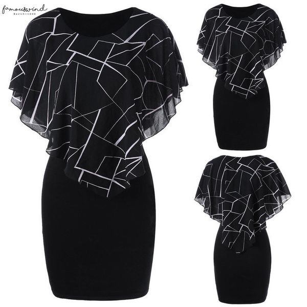 

elegant dress woman summer party dress fashion womens casual printed chiffon o neck robe ruffles mini tight plus size dress, Black;gray