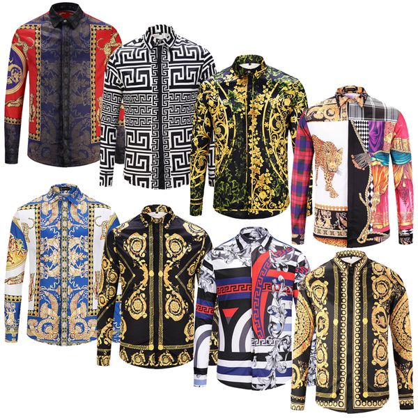 

mens versace модный дизайнер slim fit рубашки мужчины 3d черное золото цветочный принт мужские рубашки с длинными рукавами бизнес повседневн, White;black