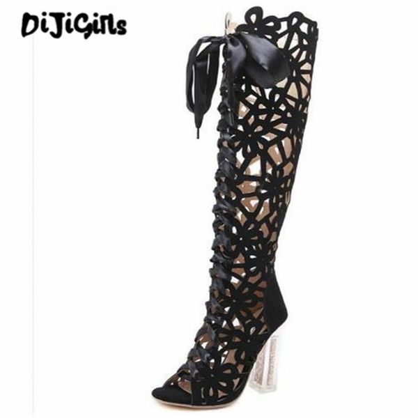 

2018 new women boots summer transparent square high heels shoes cross tied work safety cool boots sandals woman, Black