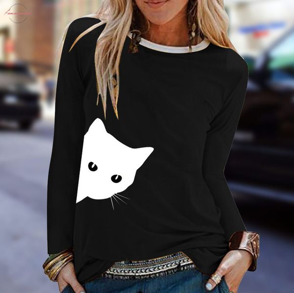 

women tshirt plus size long sleeves autumn winter casual cat print o neck tee shirts ladies friends tshirt poleras mujer, White
