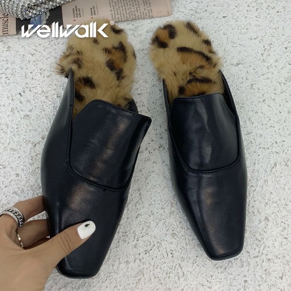 

classics loafers women flat mules shoes fur insole slides female genuine leather pu slippers unicorn leopard printing shoe woman, Black