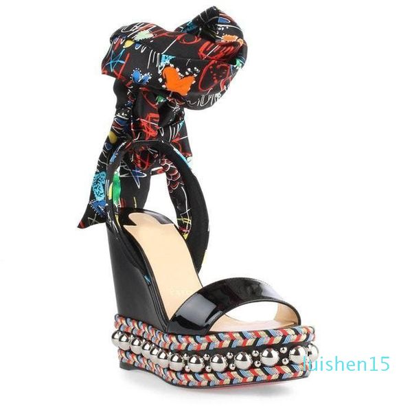 

ladies red bottom levantinana wedge women sandals braided high heels gladiator sandal ankle strap party wedding eu35-42 l15, Black