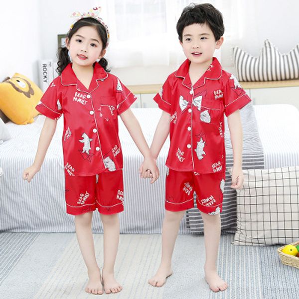 

summer sweet girls sleepwear set short sleeve children pajamas set soild kids homewear suit casual boys pyjamas, Blue;red