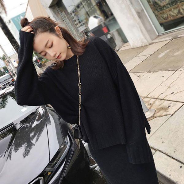 

two piece dress women autumn winter fashion long knit two-piece bag round neck sweater suit solid color skirt slim set, White