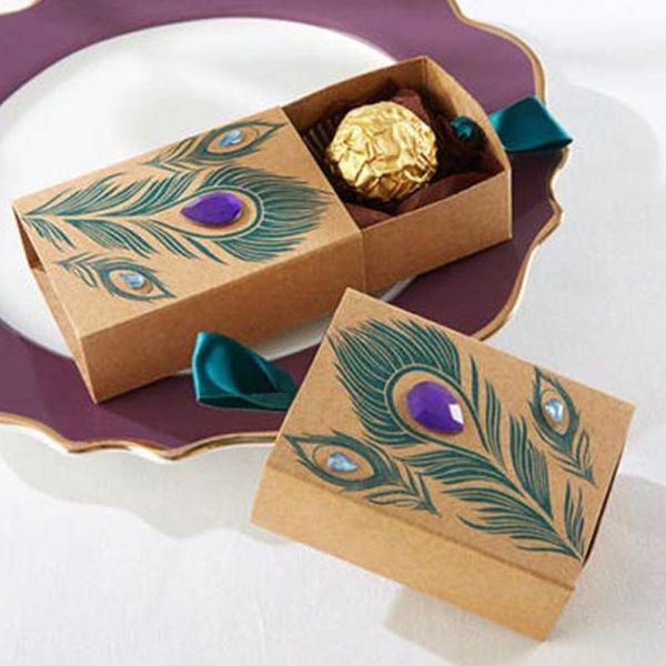 

50pcs peacock faux rhinestone holder favors diy kids paper drawer design with ribbon wedding gift box candy storage birthday