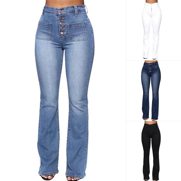 

washed high waist button boot-cut jeans women casual long pants trousers fea889, Blue