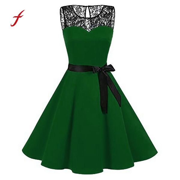 

Feitong Sexy Women Dress Vintage Sleeveless Solid Lace Hepburn Formal High-Waist Pleated Dress Hollow Out Lace Dress Female /PT