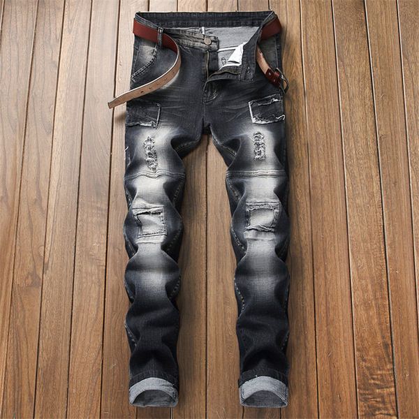 

men distressed ripped jeans fashion straight motorcycle biker jeans causal denim pants streetwear style jeans cool size 28-36, Blue