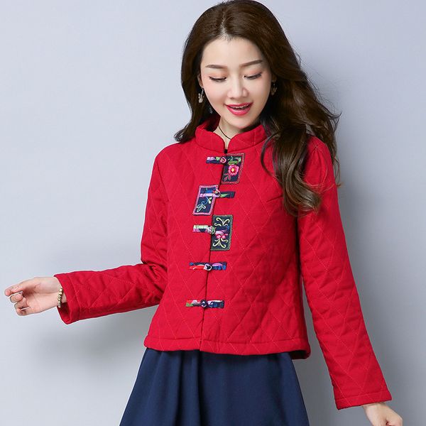 

e5137 feimina 2019 new style ethnic-style retro cotton linen frog large size commuting embroidered cotton-padded clothes, Blue;black