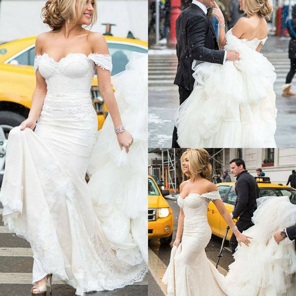 

2020 mermaid wedding dresses lace appliqued off shoulder sweep train vestido de noiva plus size beach boho wedding dress bridal gowns, White