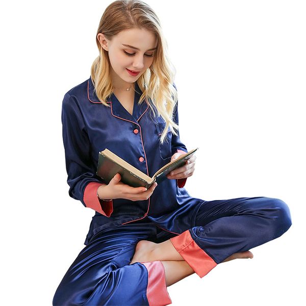 

spring pajamas sets with long-sleeved and trousers two-piece suit silk satin large size home lady clothes womens pajamas, Blue;gray