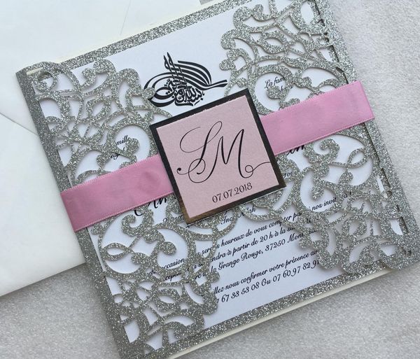 

laser cut glitter silver wedding party invitations, customized marriage engagement invitation cards, 50pcs, express shipping