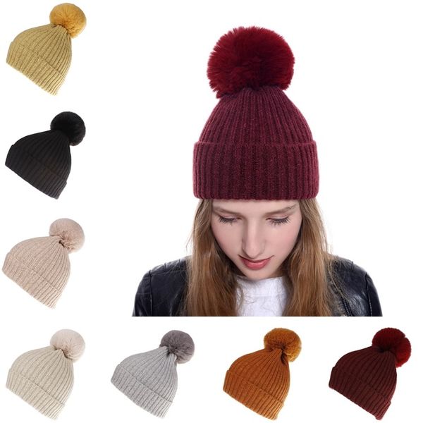 

new women hats beanie winter warm knitted hats detachable fur ball cap wool ski outdoor knit crochet skull hat party hats 5135-2