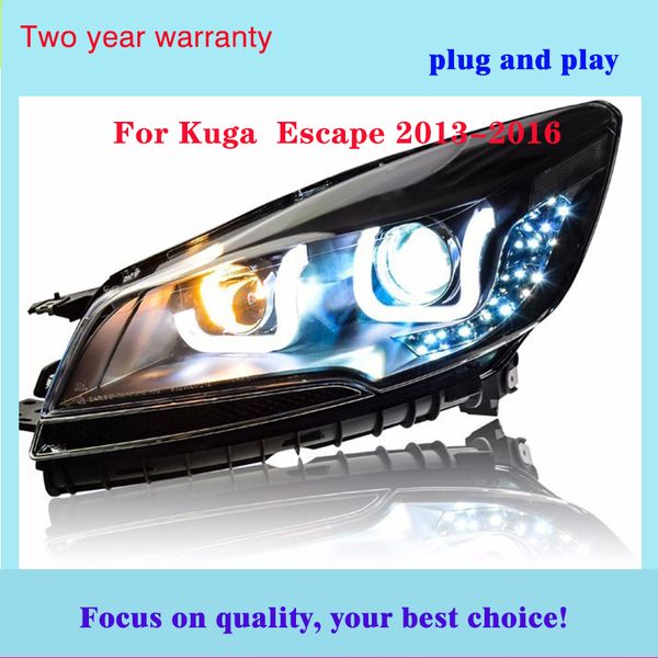 

car styling for kuga escape headlights 2013-2016 for escape led headlight bi xenon lens lowbeam headlamp double u