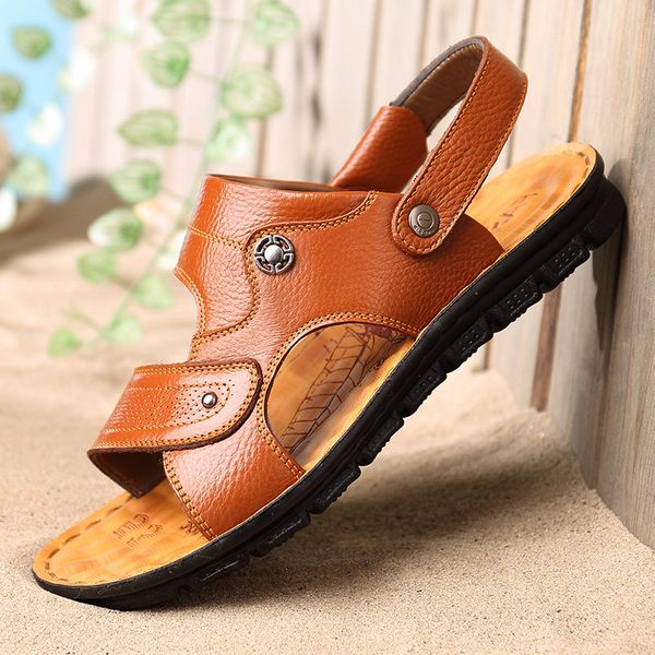 

2019 summer new products men's sandals genuine leather sandals men's versatile breathable anti-slip slippers shoe, Black