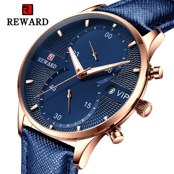 

reward 2019 new arrival quartz watches men genuine leather strap chronograph calendar luxury casual vintage watch, Slivery;brown