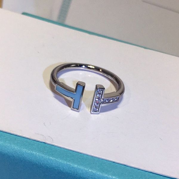 

t синего кольца двойной t роскошь дизайнер ювелирные изделия женщины 925 серебряных колец свадьбы кольцо с бриллиантом bague дамочка tif бре, Silver