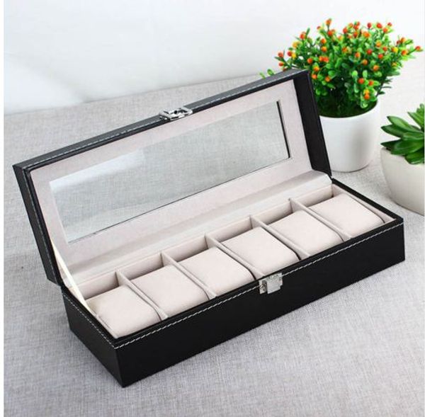 

6 grid pu leather watch storage box rectangle wristwatch holder jewelry display case for gifts ll@17, Black;blue