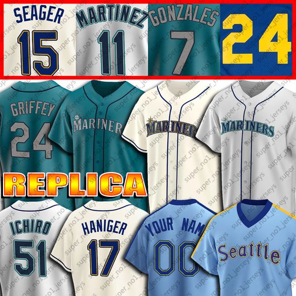 

24 ken griffey jr. jersey 34 felix hernandez jerseys 51 suzuki ichiro mitch haniger edgar martinez seager gonzales custom baseball jersey, Blue;black