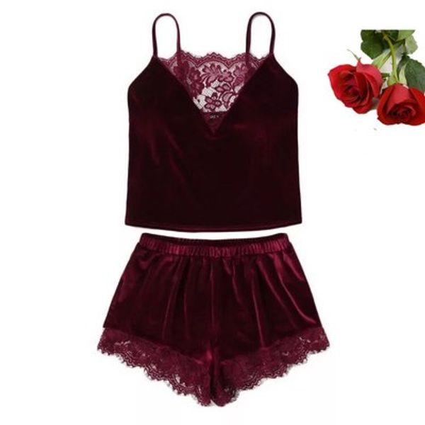 

lace-trimmed velvet cami & shorts pajamas set ladies burgundy plain spaghetti sleeveless summer pajamas, Blue;gray