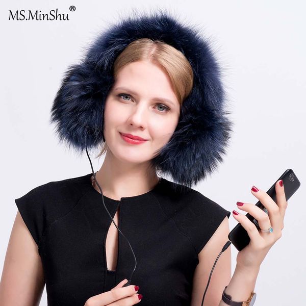 

drop shipping genuine raccoon fur earmuff headphone winter ear warmer with audio fashion fur earmuff neck warmer ear, Blue;gray
