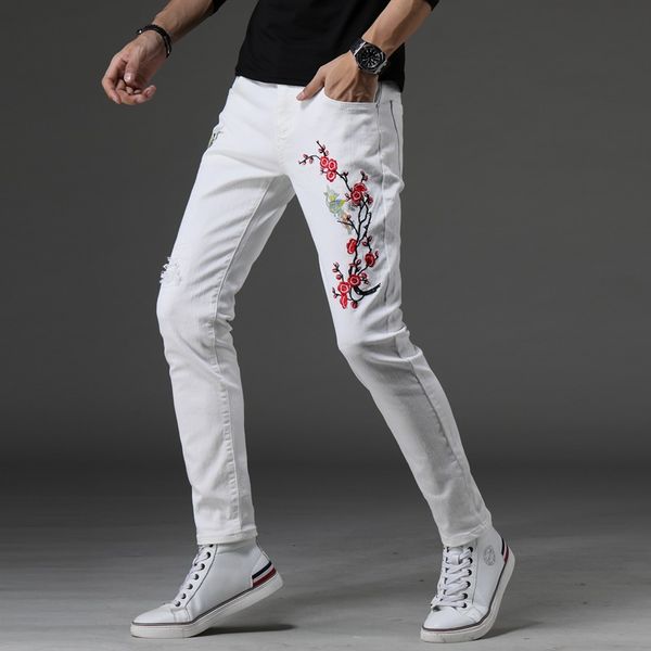 

white men jeans embroidered jeans men blue and black asia size 28 -38 pants