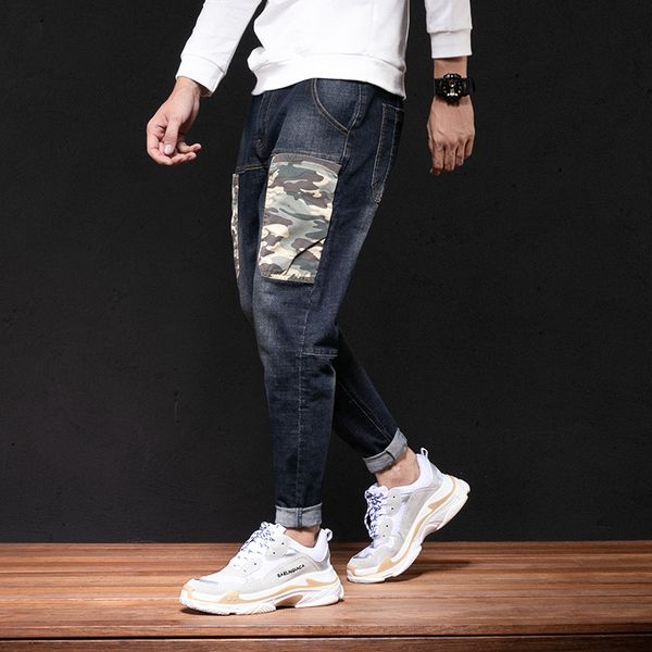 

2019 autumn and winter new japanese stitching harem pants elastic large size fashion casual loose micro-elastic jeans blue 28-42