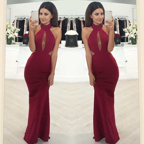 

keyhole halter neck simple plain stretchy evening dresses mermaid floor length prom party gowns cheap, Black;red