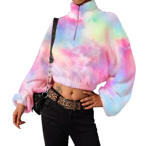 

women zip neck faux fur crop sweatshirt in multiple color, Black