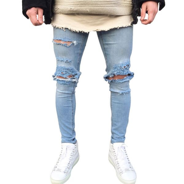 

new style men's stretchy ripped skinny biker jeans destroyed taped slim fit denim pants drop shipping, Blue