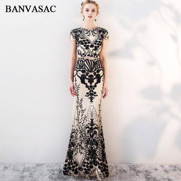 

banvasac vintage o neck 2019 mermaid sequined appliques long evening dresses short cap sleeve leaf sash party prom gowns, White;black