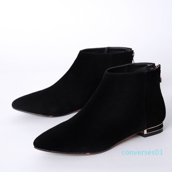 

women genuine suede leather pointed toe flats autumn ankle brand designer leisure comfortable short booties shoes women co01, Black