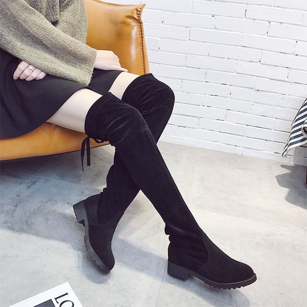 

women's warm boots 2019 autumn and winter new pointed thick with side zipper over the knee boots elastic women's shoes, Black