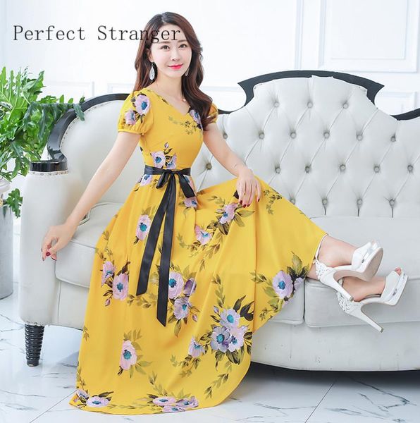 

2020 новое поступление высокое качество v воротник с коротким рукавом цветочный принт шифон женщины длинное платье плюс размер, Black;gray