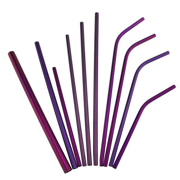 

50pcs colorful purple glass reusable straw mug stainless steel straw metal 12mm drinking straws set with brush costomize logo