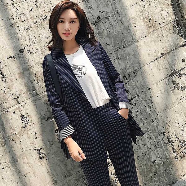 

casual 2 pieces set striped women pant suit one button notched blazer & elastic waist pencil pant 2018 style female suits, White;black