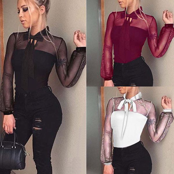 

new summer bodysuit women bow mock neck patchwork long sleeve back ladies lace mesh bodysuit transparent, Black;white