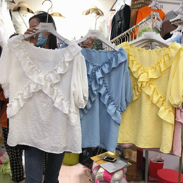 

short sleeve blouse women 2020 summer new design ruffled v-neck slim short sleeve shirt women's all-match blusas, White