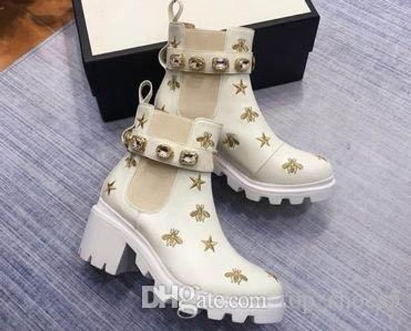 

branded women leather bees stars embroidered ankle boot designer lady pearls red laces 6cm chunky heel rubber lug sole boots03, Black