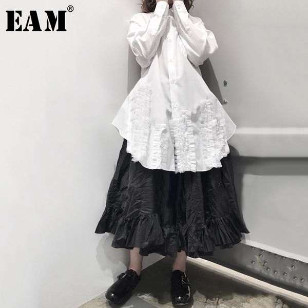

eam] women white ruffles split asymmetrical blouse new lapel long sleeve loose fit shirt fashion spring autumn 2019 19a-a185