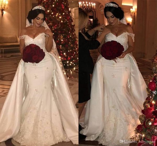 Abiti da sposa Dubai Arabic Plus Size con gonna staccabile 2019 Abiti da sposa eleganti con applicazioni di perline e spalle scoperte vestidos de novia