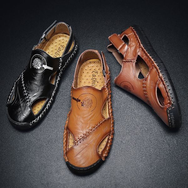 

sandal mens sandals cow leather summer fashion closed toe beach shoes cool shoe teenager chaussure homme sandale homme, Black