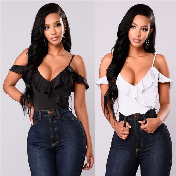 

women ruffle backless bodysuit bodycon pure color sleeveless bandage jumpsuit frill off shoulder stretch leotard v-neck jumpsuit, Black;white