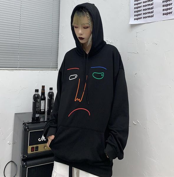 

autumn cartoon print harajuku loose pullover hooded sweatshirt women, Black