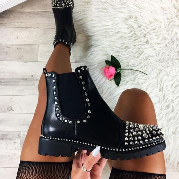 

woman boots low heels booties bootee women's mid-calf boots booties ladies luxury designer rivets shoes round toe zipper short, Black
