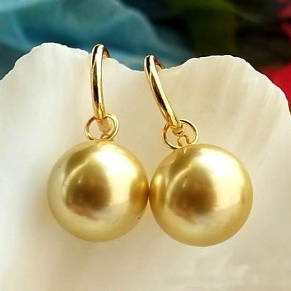 

unique pearls jewellery store huge 16mm gold round south sea pearl dangle earrings charming women gift jewelry fast shipping, Golden;silver